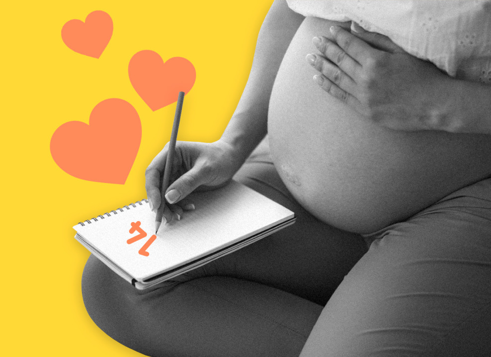 На картинке: беременная женщина пишет в блокноте число 14. Коллаж Лизы Стрельцовой для НЭН