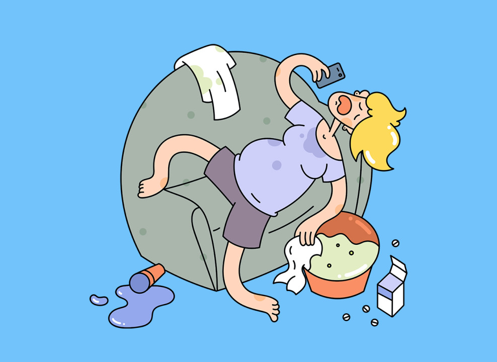 На картинке: беременная женщина страдает у таза. Иллюстрация Лизы Стрельцовой для НЭН