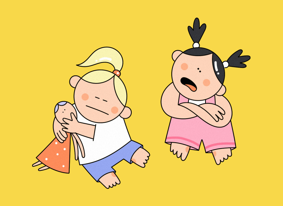 На картинке: две девочки и кукла. Иллюстрация Насти Железняк для НЭН