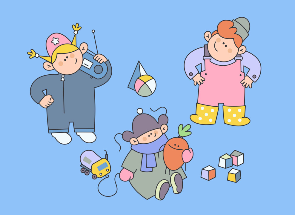 Дети в зимней одежде и с игрушками. Иллюстрация НЭН 