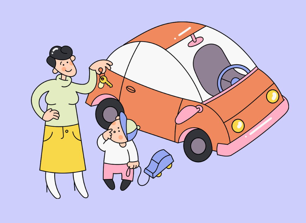 Мама и ребенок около машины. Иллюстрация Насти Железяк для НЭН
