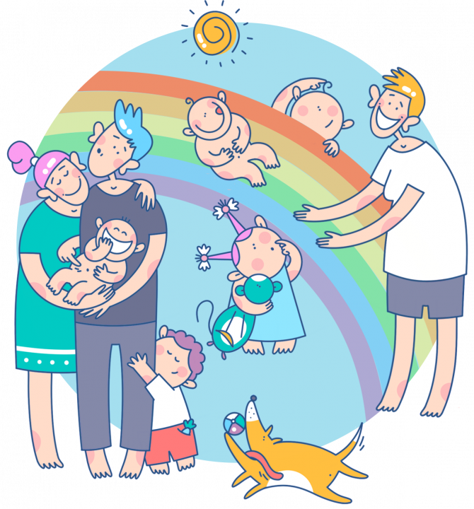 На картинке: радуга, солнце, счастливые дети, взрослые и собака. Иллюстрация НЭН