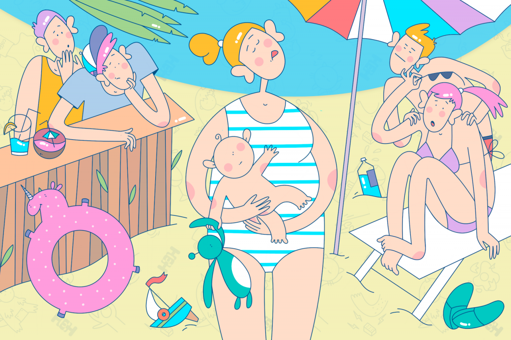 Женщина с младенцем на пляже, окружающие смотрят на нее, она показывает язык. Иллюстрация НЭН