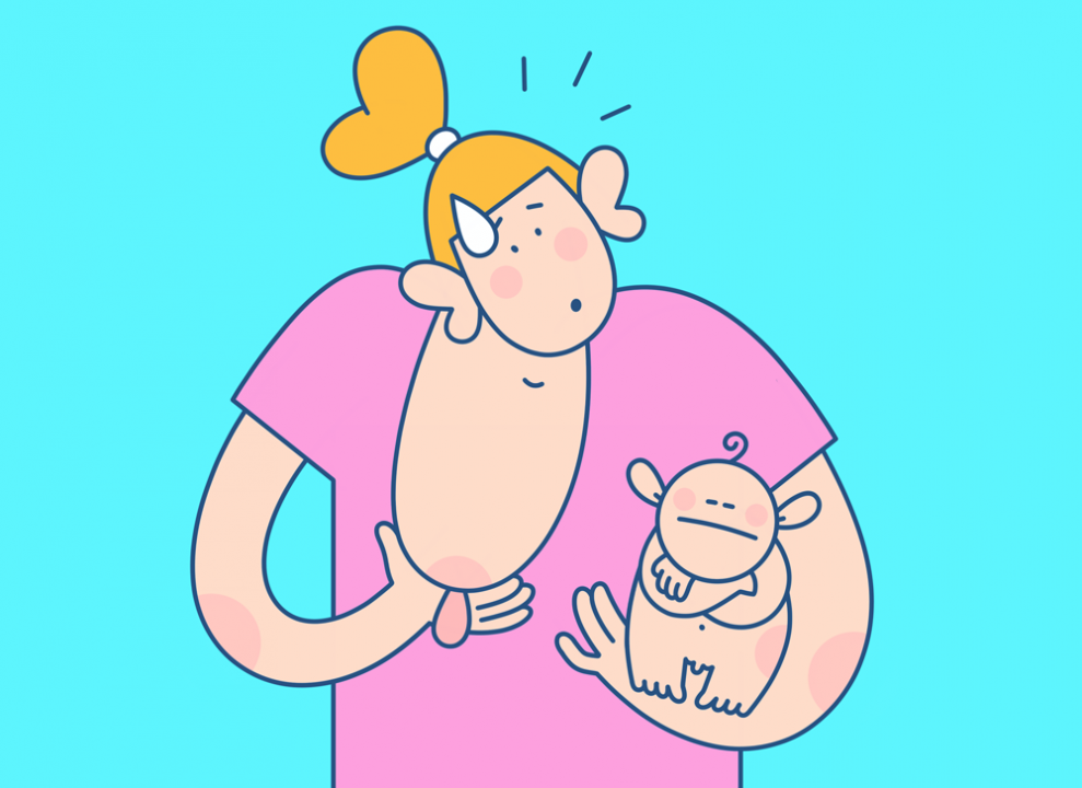 Иллюстрация НЭН: женщина в розовой футболке собирается кормить младенца грудью, он отказывается.