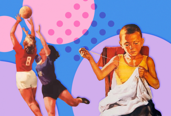 Коллаж: мальчик зашивает рубашку, две девочки играют в мяч
