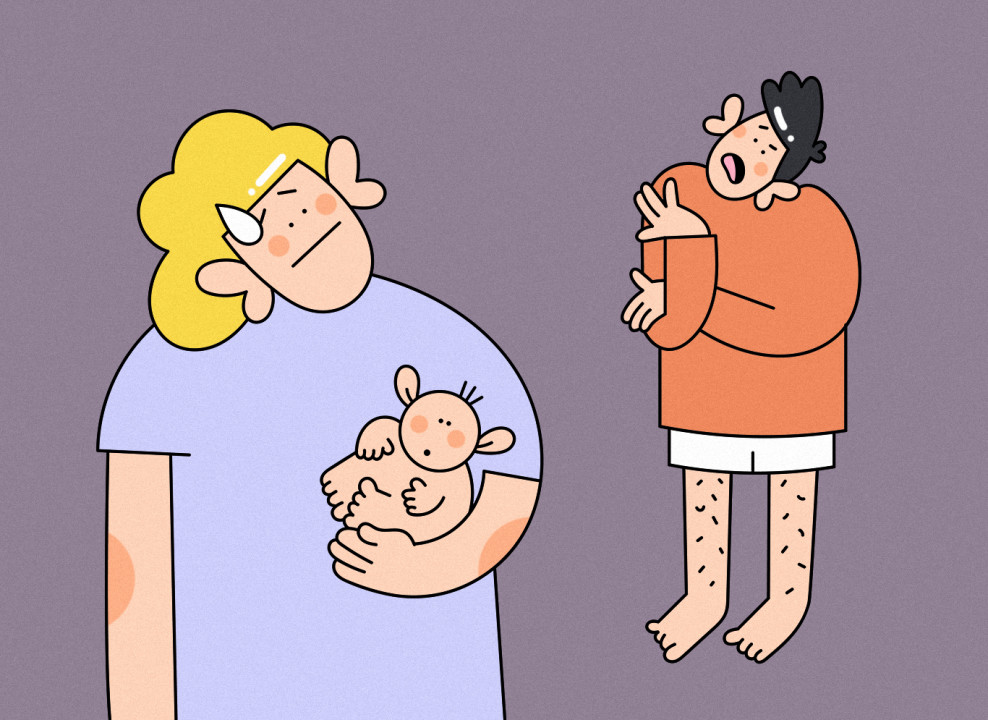 На картинке: женщина с младенцем на руках, мужчина стоит позади. Иллюстрация Настасьи Железняк для НЭН
