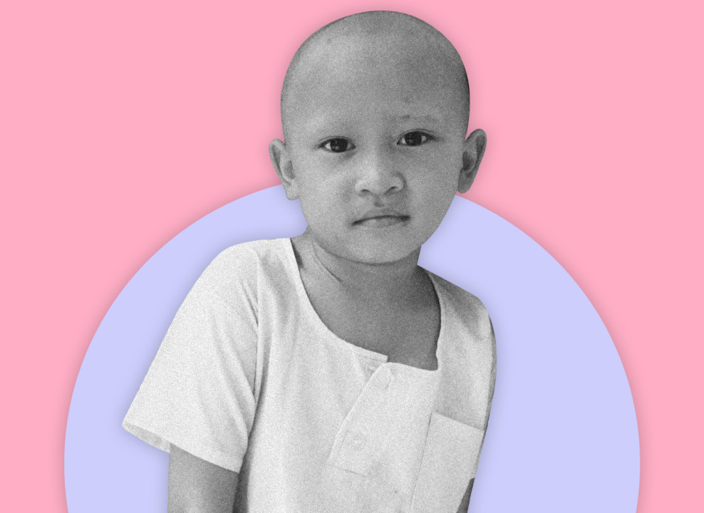 Портрет ребенка без волос на розовом фоне. Коллаж Лизы Стрельцовой