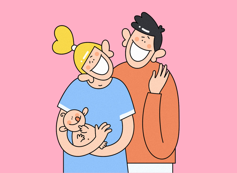 Мужчина, женщина и младенец улыбаются. Иллюстрация Насти Железняк для НЭН