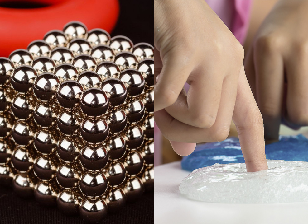 Слева: куб из магнитных шариков. Справа: пальцы в слайме. Источник: adobe stock