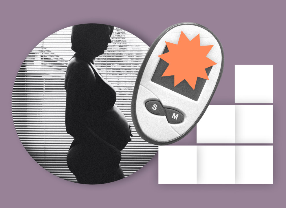 На картинке: беременная женщина, глюкометр, шесть белых квадратов. Коллаж Насти Железняк для НЭН