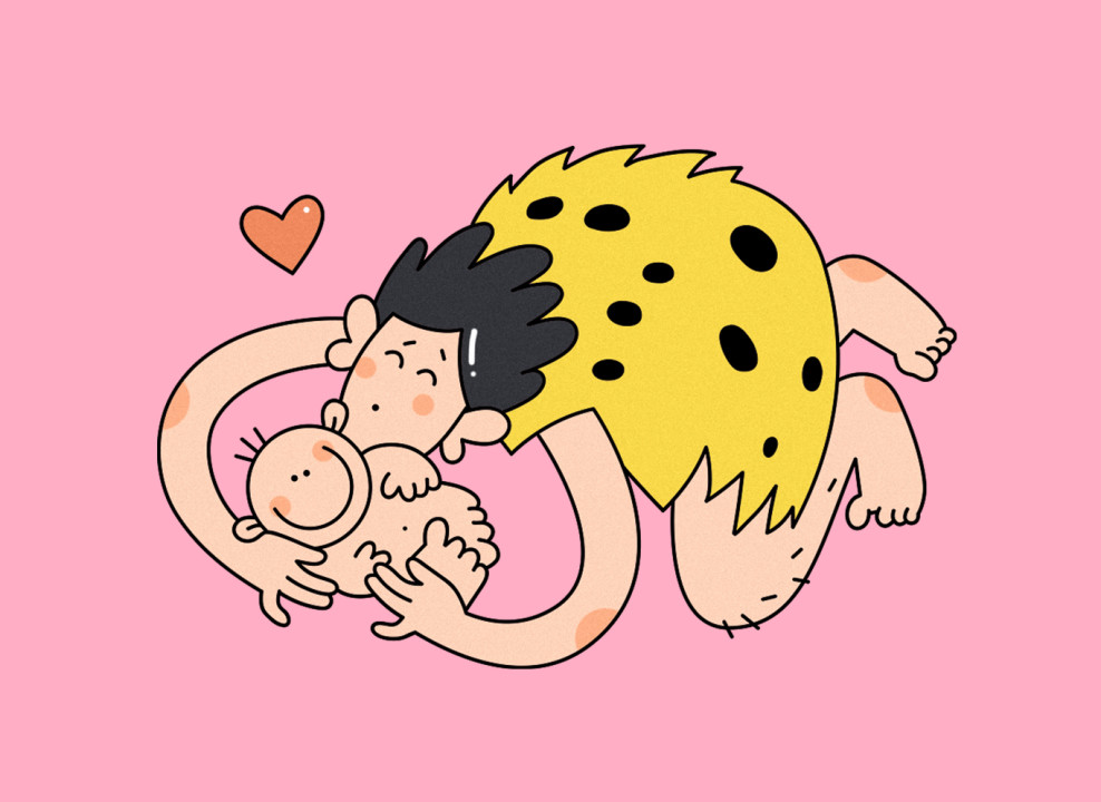 На розовом фоне доисторическая женщина в шкуре целует младенца. Иллюстрация Насти Железняк