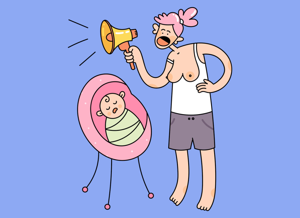 На картинке: женщина с мегафоном будит младенца на кормление. Иллюстрация Лизы Стрельцовой для НЭН