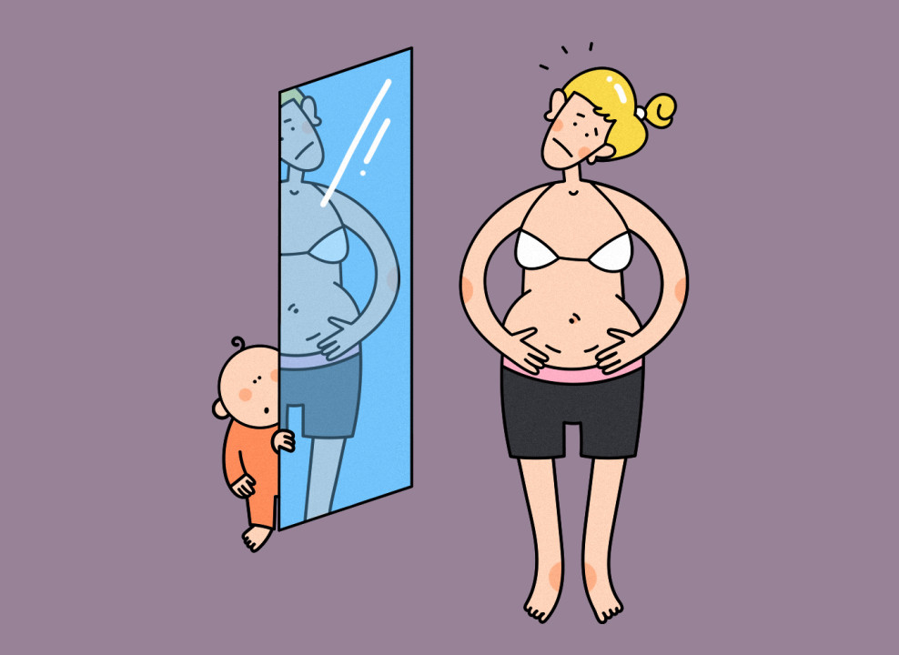 На картинке: женщина смотрит в зеркало и трогает живот, ребенок смотрит с удивлением. Иллюстрация Насти Железняк