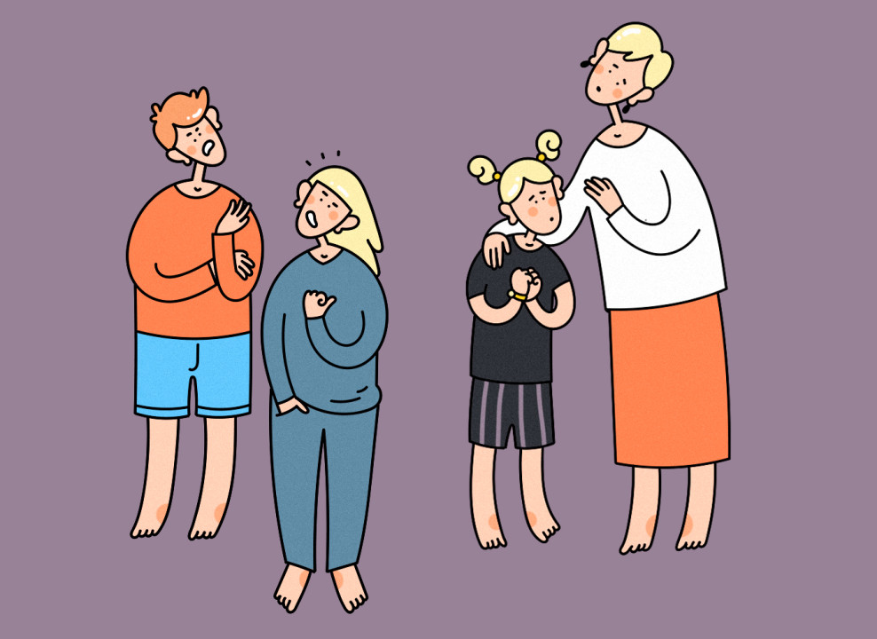 На картинке: три подростка и женщина. Иллюстрация Лизы Стрельцовой для НЭН