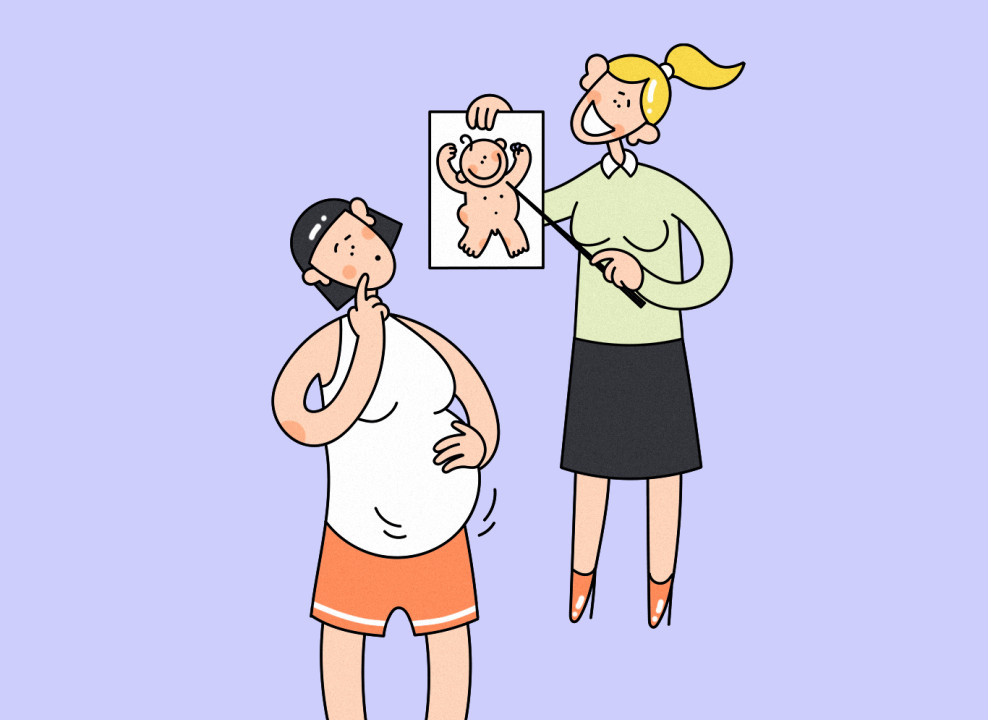 На картинке: женщина показывает беременной женщине картинку младенца. Иллюстрация Насти Железняк для НЭН