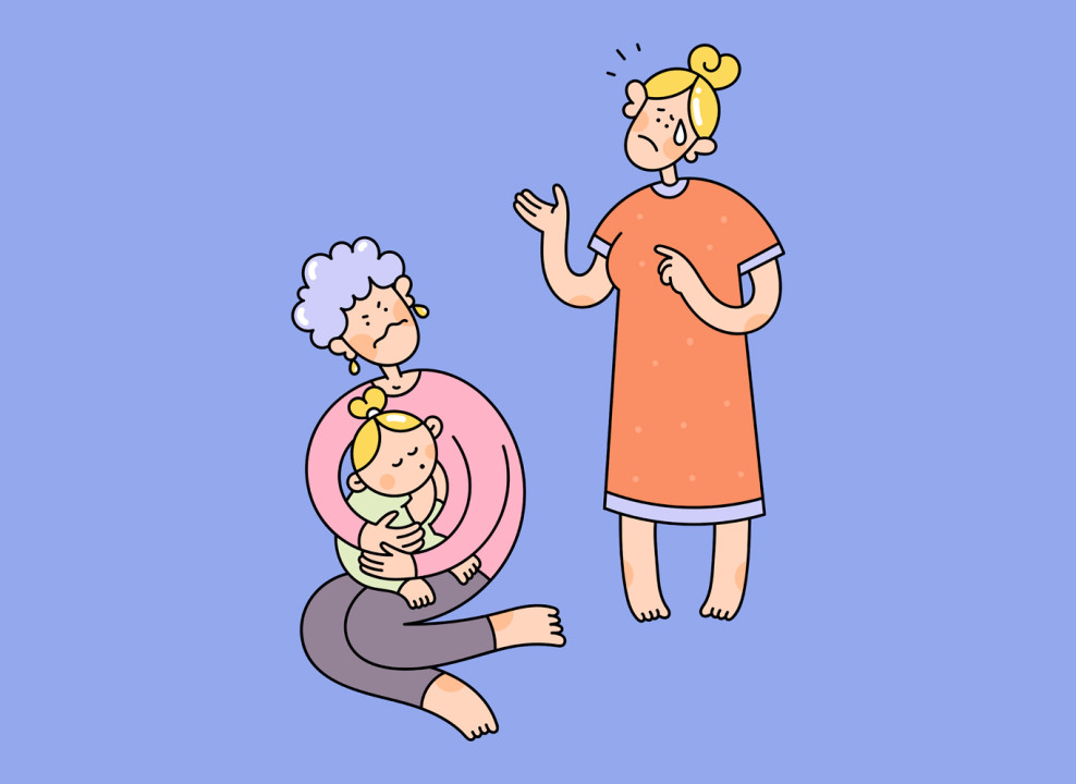 На картинке: бабушка держит ребенка, мама стоит и потеет. Иллюстрация Лизы Стрельцовой для НЭН