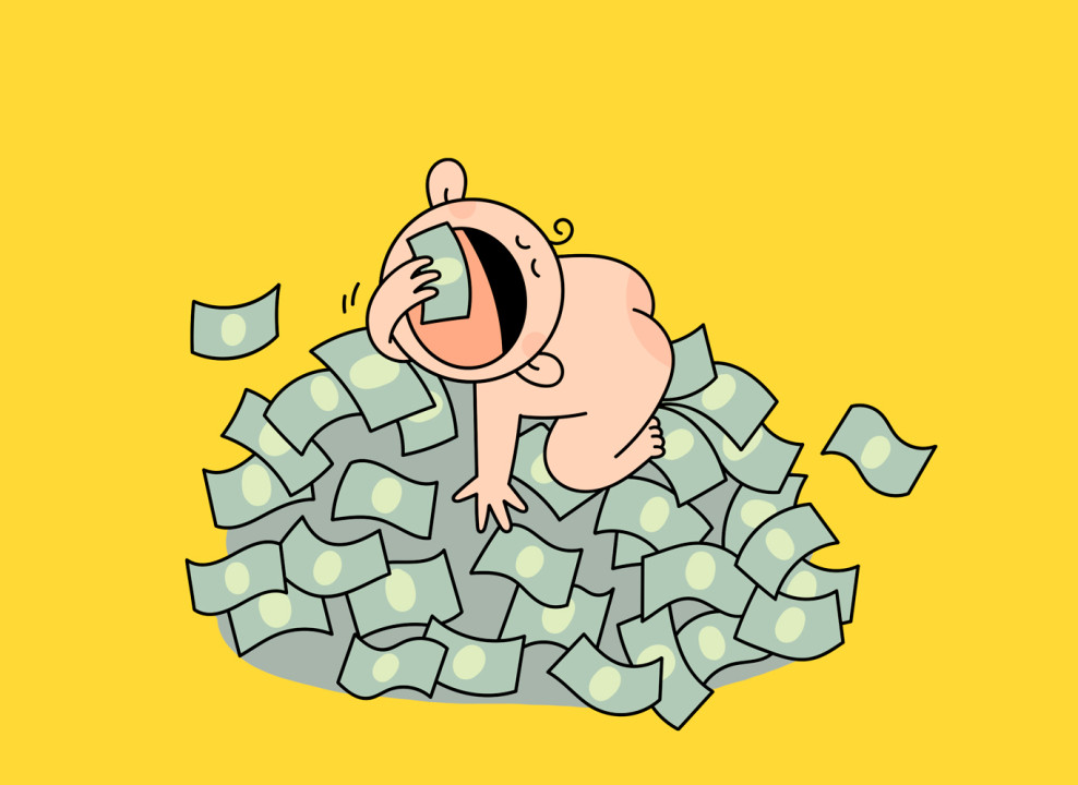 На картинке: младенец на куче денег ест купюру. Иллюстрация Лизы Стрельцовой для НЭН