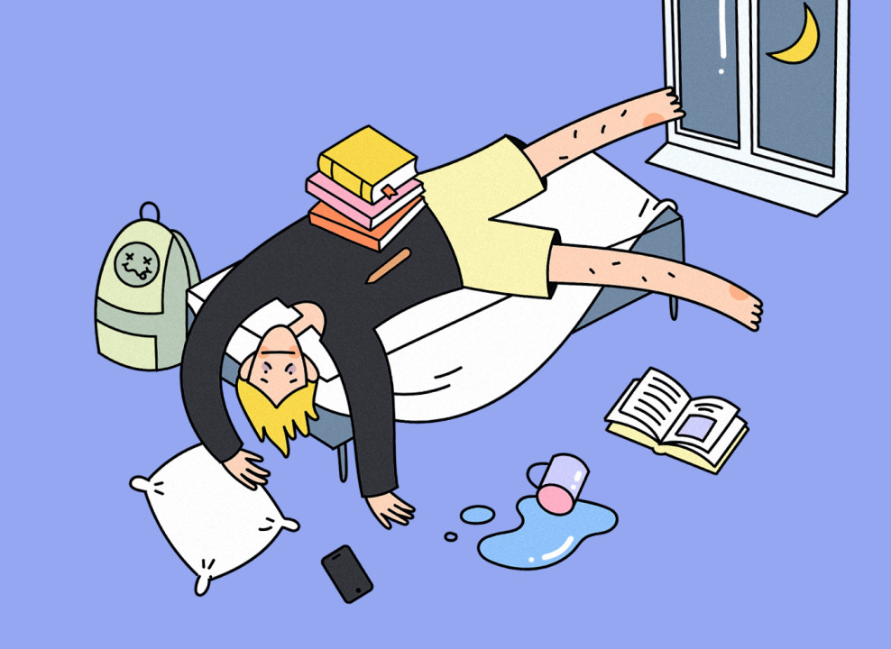 На картинке: подросток устал от учебы и экзаменов. Иллюстрация Насти Железняк для НЭН
