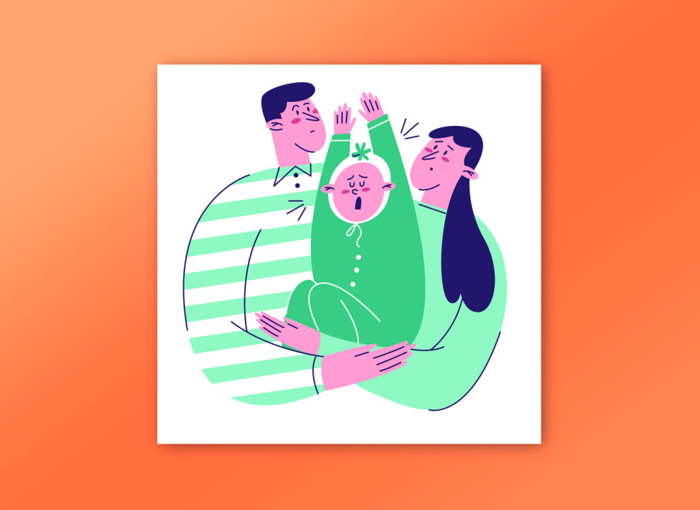 На картинке: папа, мама и ребенок в зеленых одеждах