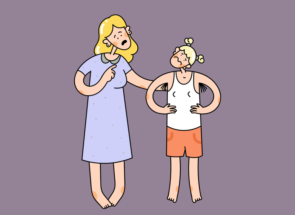 На картинке: мама в платье и дочь в майке. Иллюстрация Лизы Стрельцовой для НЭН