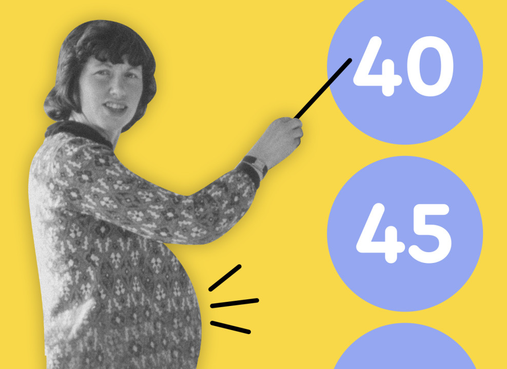 На картинке: беременная женщина указывает на цифру 40. Коллаж Насти Железняк для НЭН
