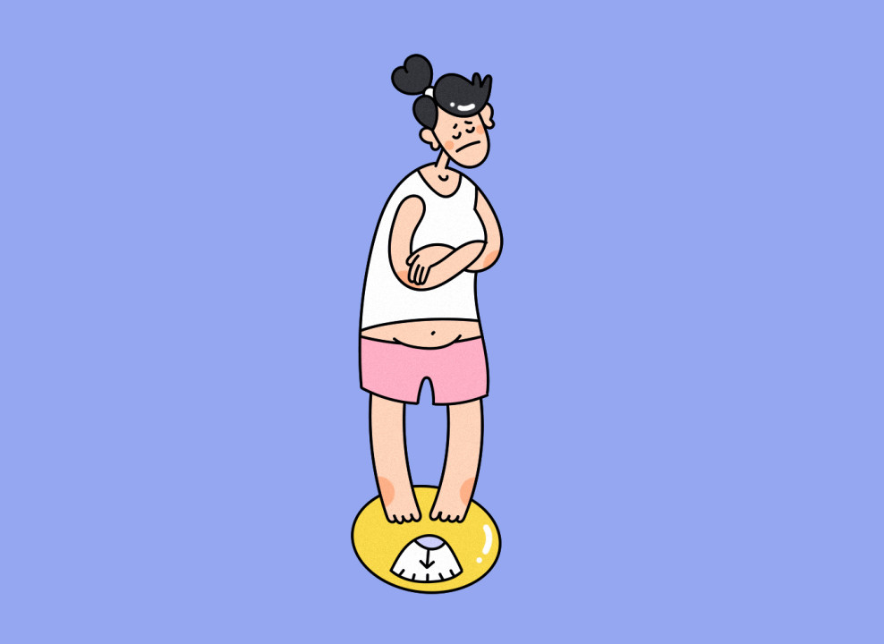 На картинке: грустный человек стоит на весах. Иллюстрация Насти Железняк для НЭН