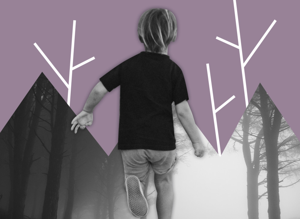 На картинке: ребенок бежит в темный лес. Коллаж Насти Железняк для НЭН