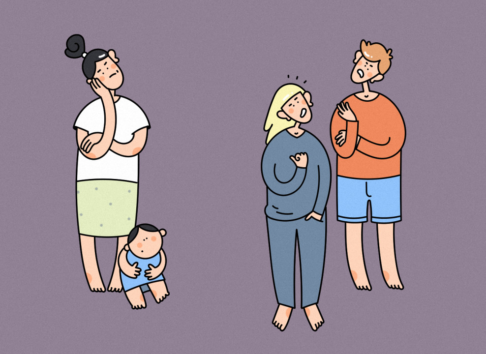 На картинке: две женщины, мужчина, ребенок. Иллюстрация Лизы Стрельцовой для НЭН