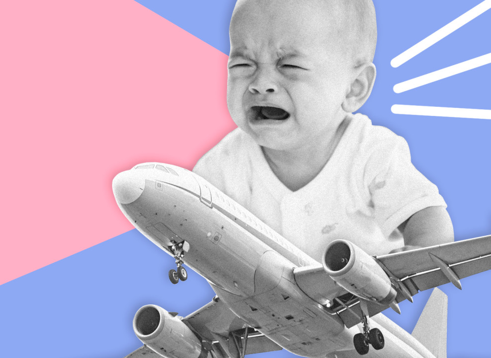 На картинке: самолет и плачущий ребенок. Коллаж Лизы Стрельцовой для НЭН