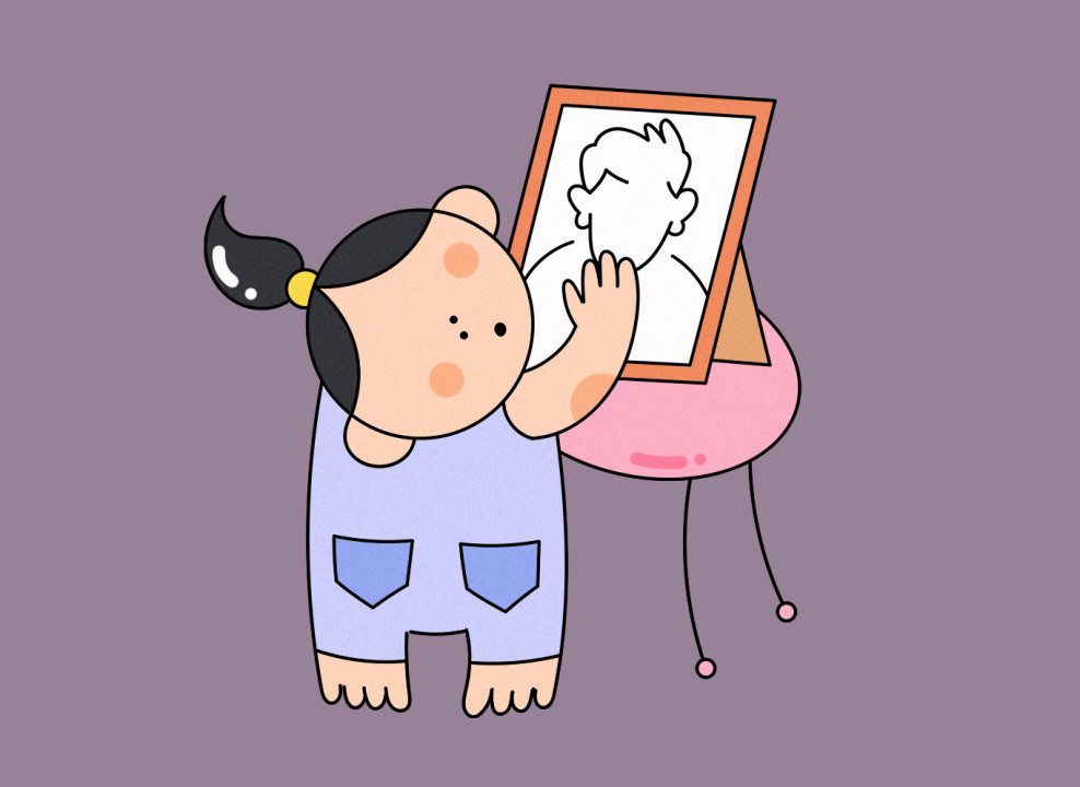 На картинке: девочка трогает бесцветный портрет в рамке. Иллюстрация Насти Железняк для НЭН