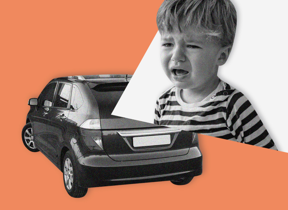 На картинке: автомобиль и плачущий ребенок. Коллаж Насти Железняк для НЭН