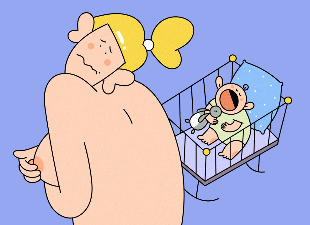 На картинке: младенец кричит, жещина прикрывает грудь. Иллюстрация Насти Железняк для НЭН