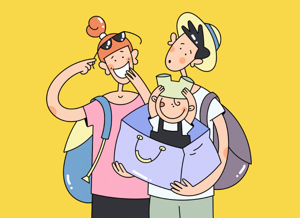 На картинке: женщина держит очки, мужчина держит сумку с ребенком, ребенок держит шорты на голове. Иллюстрация Насти Железняк для НЭН