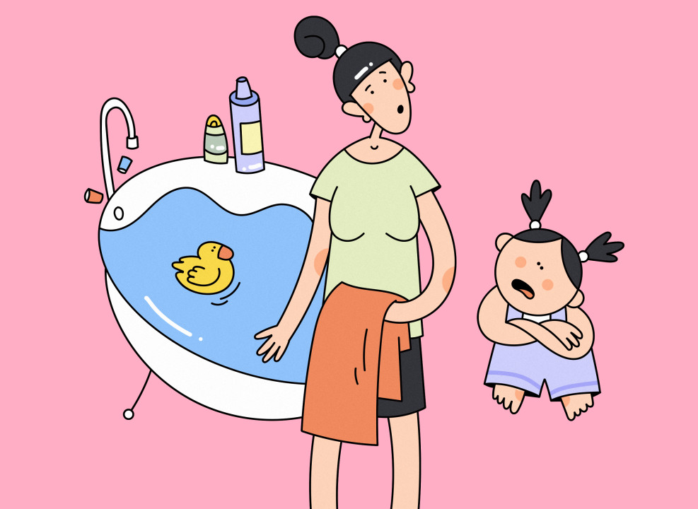 Ребенок не хочет мыться в ванной. Иллюстрация Насти Железняк для НЭН 