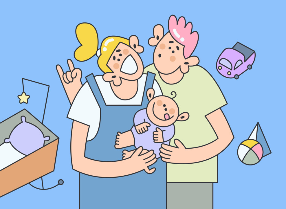 Родители держат младенца на руках в детской комнате. Иллюстрация НЭН 