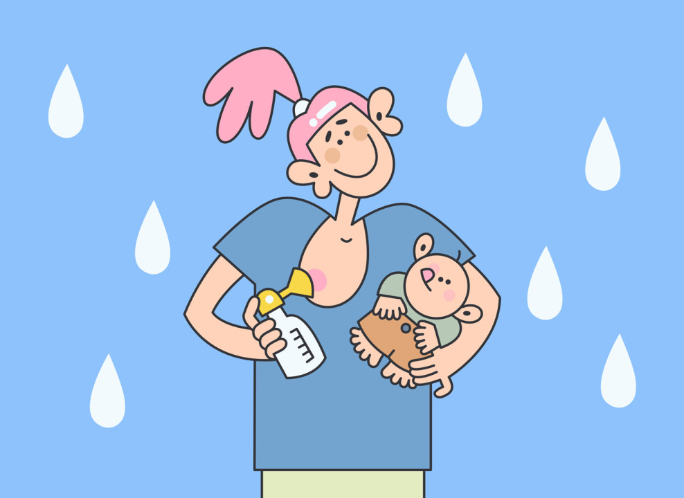 Мама сцеживает молоко и держит на руках ребенка. Иллюстрация НЭН
