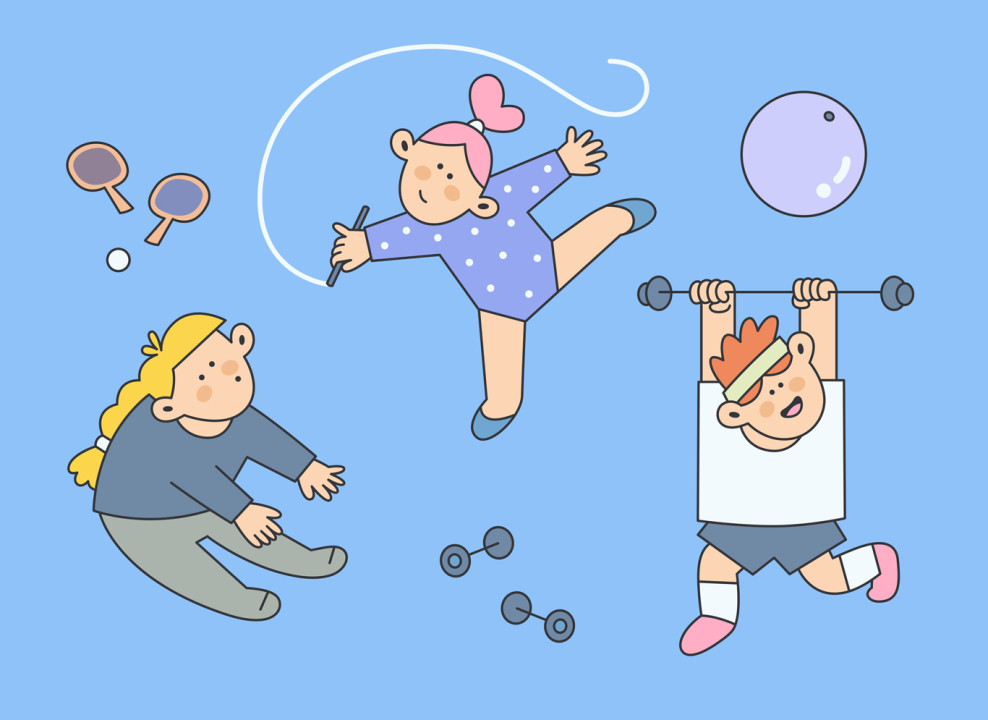 Дети занимаются аэробикой. Иллюстрация Данила Никольченко для НЭН