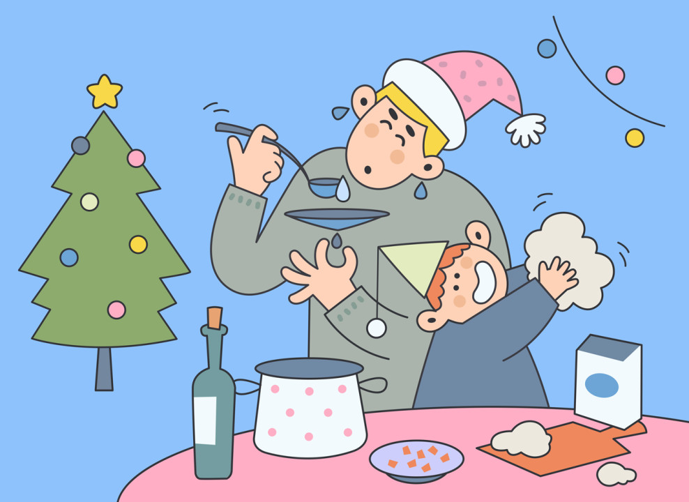 Мама и ребенок готовят еду на Новый год. Иллюстрация Данила Никольченко для НЭН