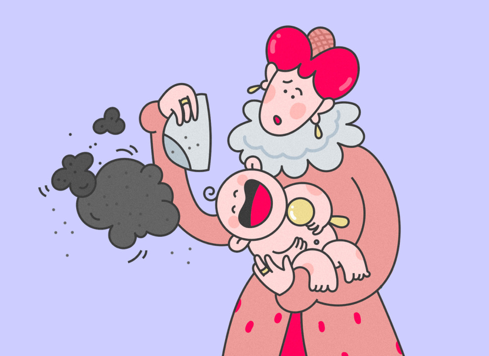 Мама держит ребенка и подгузник. Иллюстрация Лизы Стрельцовой для НЭН 