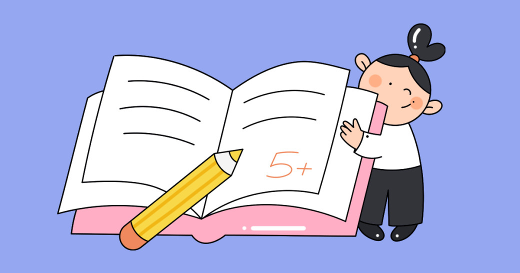 Ребенок и школьная тетрадь с оценкой. Иллюстрация Насти Железняк для НЭН