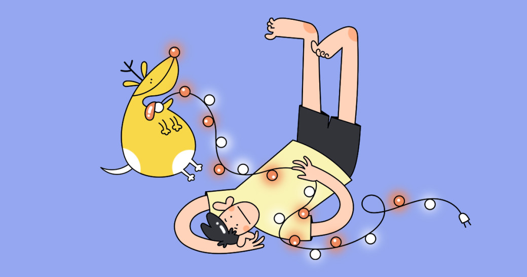 Человек и новогодняя гирлянда. Иллюстрация Насти Железняк для НЭН 