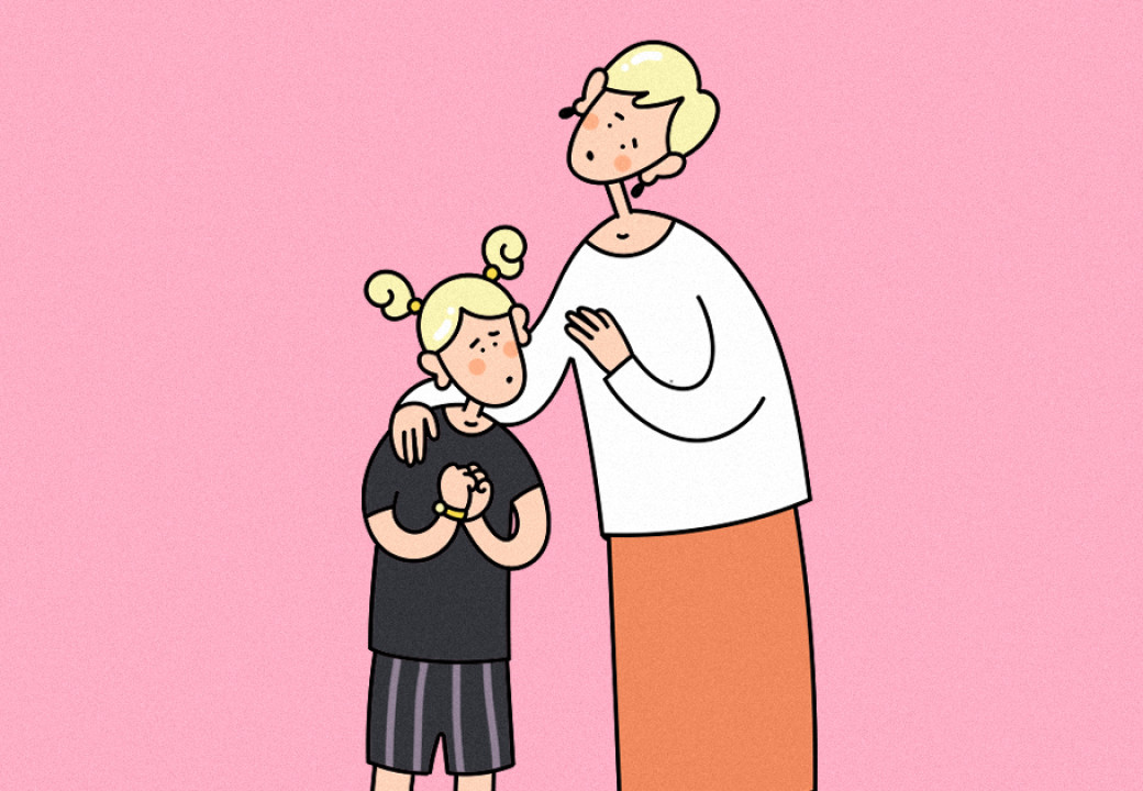 Мама утешает дочку. Иллюстрация Насти Железняк для НЭН 